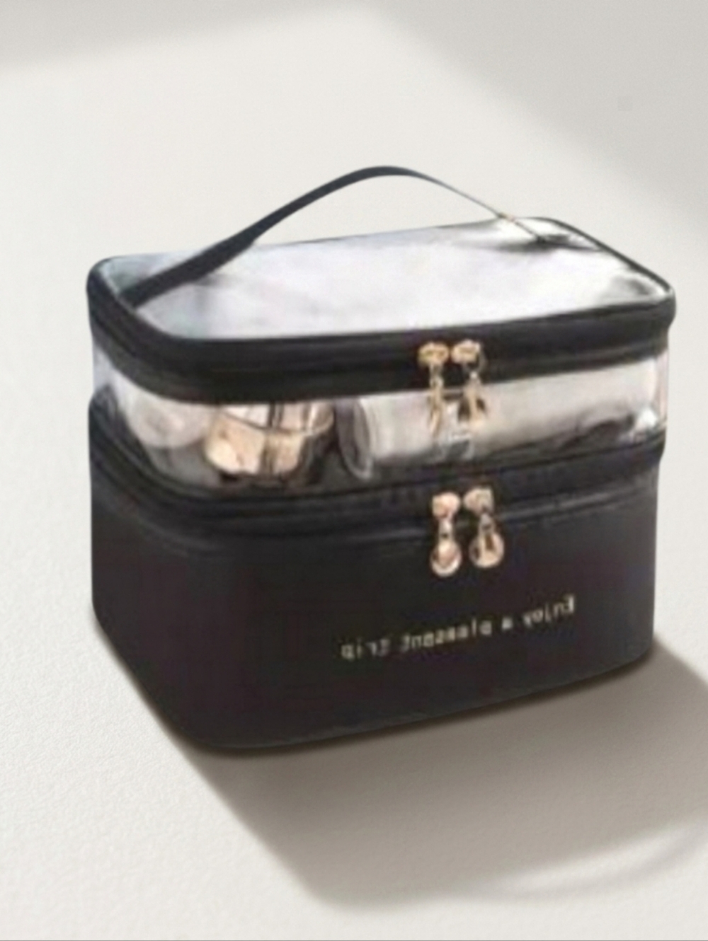 Double layer Black cosmetic bag with Clear top